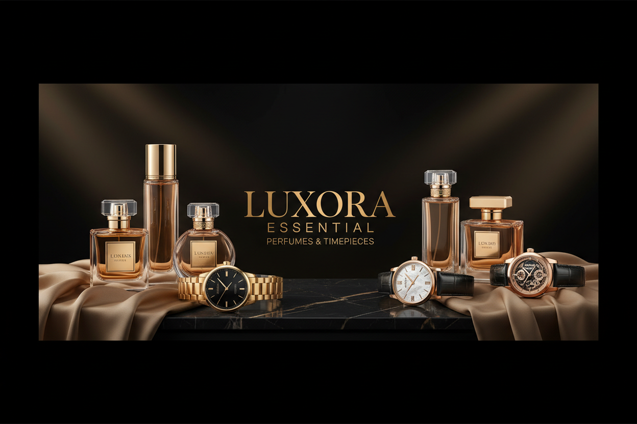 create a banner for perfumes abd watches brand name is luxora essential make luxuy and premium